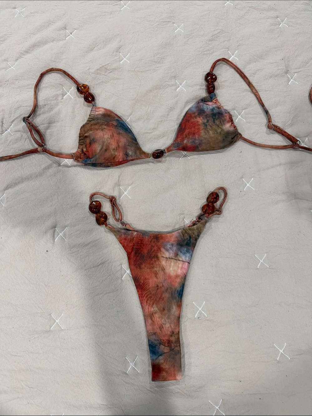 Tie-Dye Orange Blue Brown Beaded Triangle Bikini Set - Women Swim